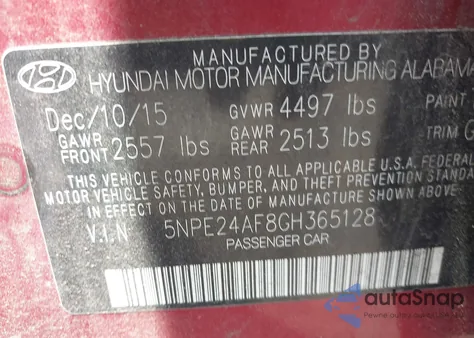 2016 Hyundai Sonata Se from USA, damaged, VIN 5NPE24AF8GH365128